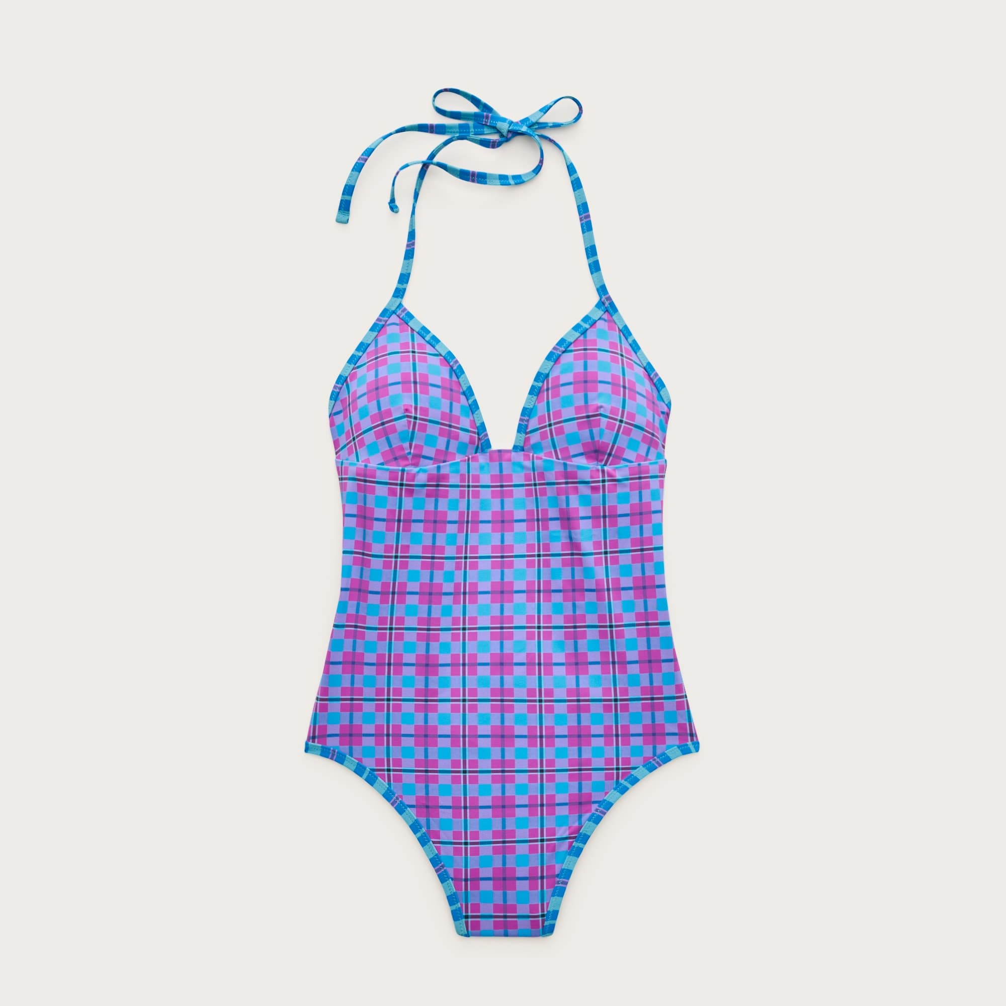 V-neck one-piece in reversible plaid print