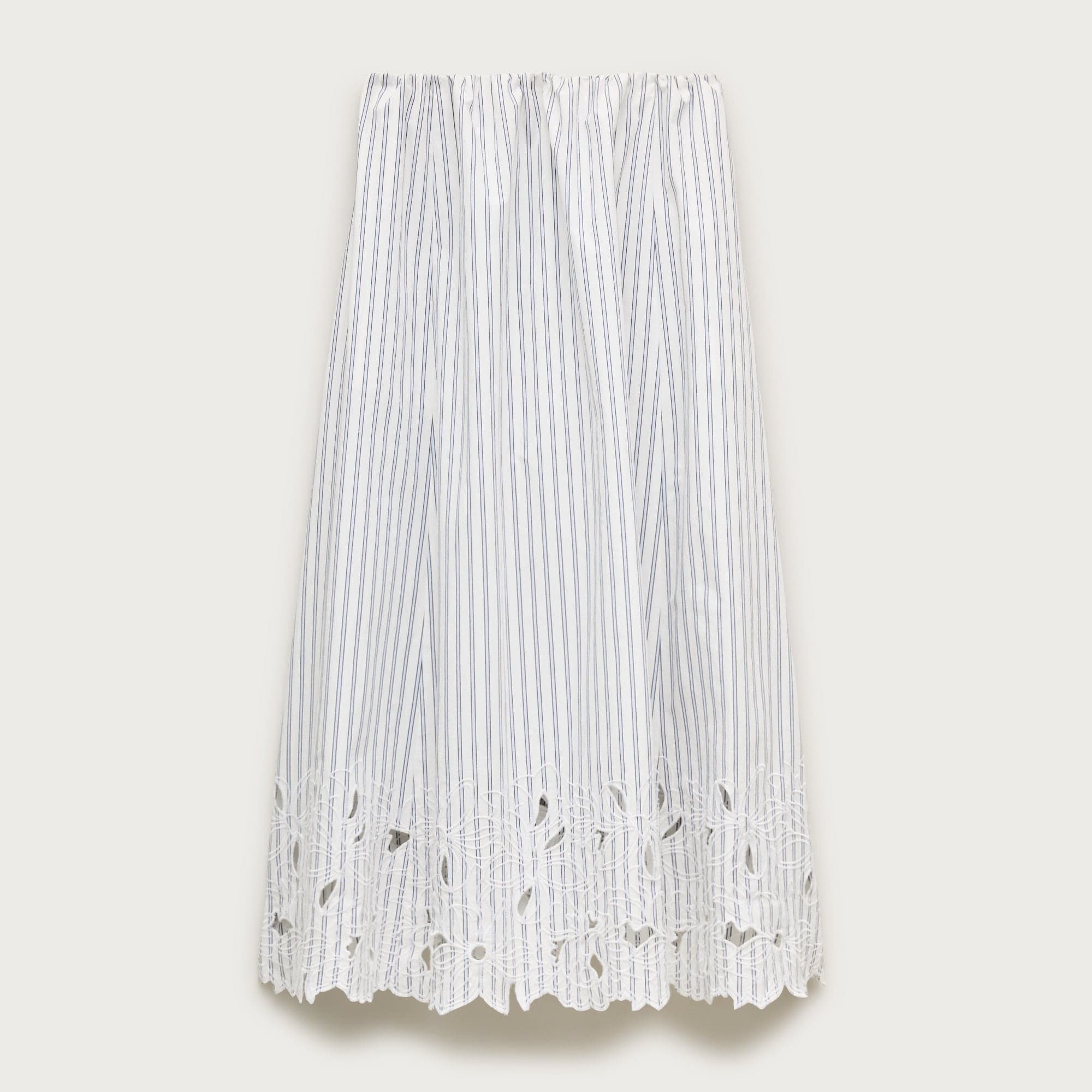 Embroidered pull-on midi skirt in striped cotton poplin
