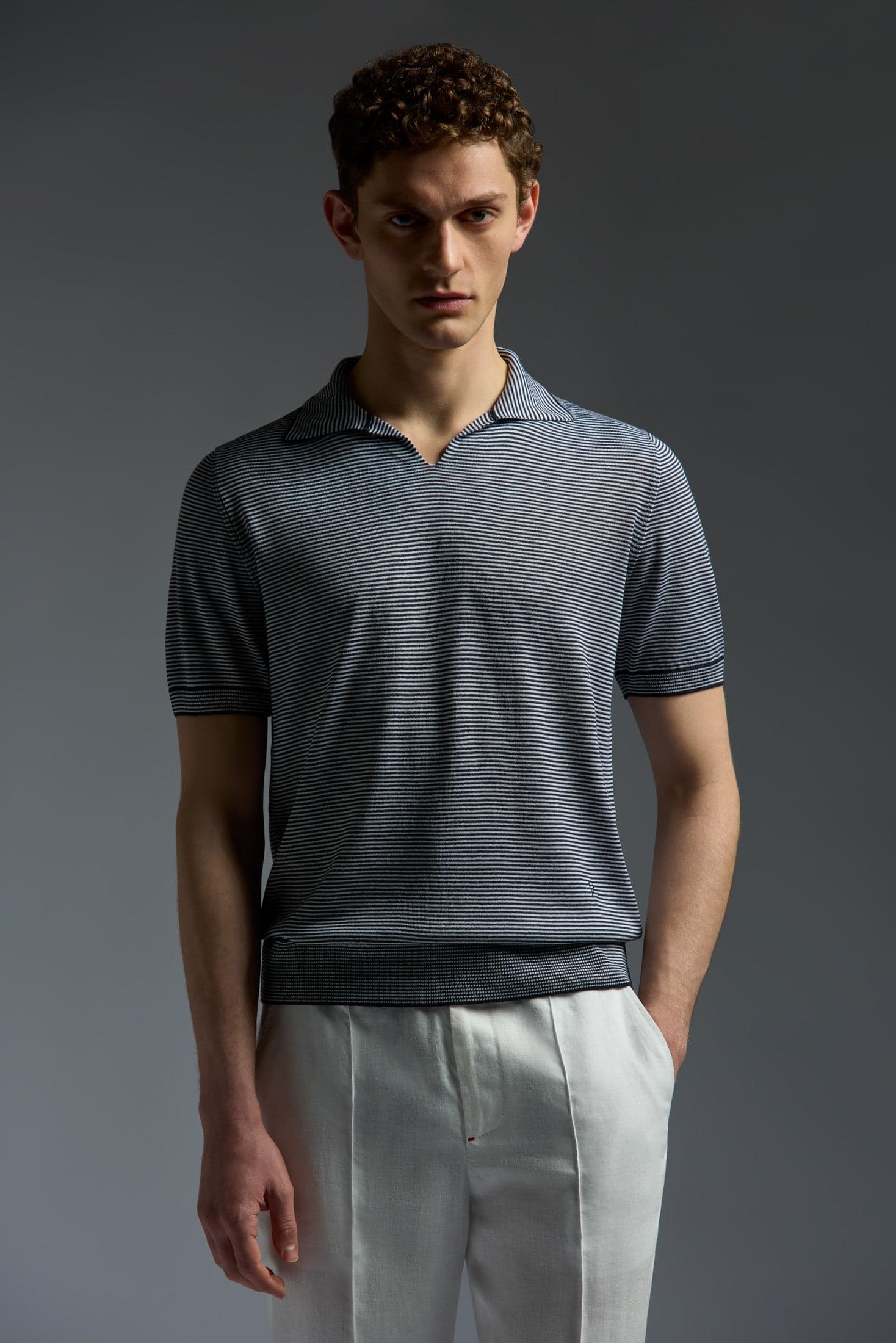 Silk and Cashmere Microstripes Open Collar Polo