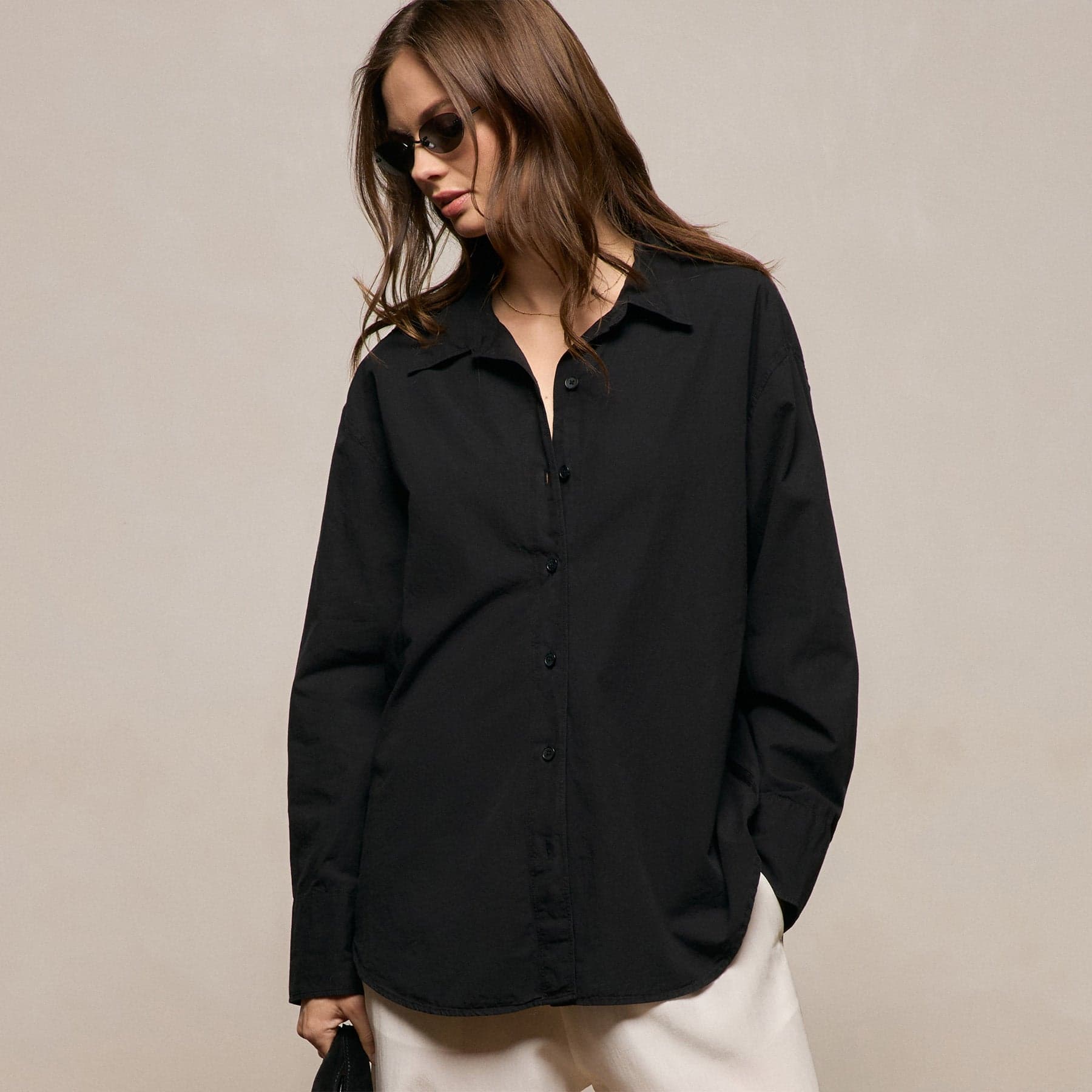 Textured Cotton Oversized Shirt - Black