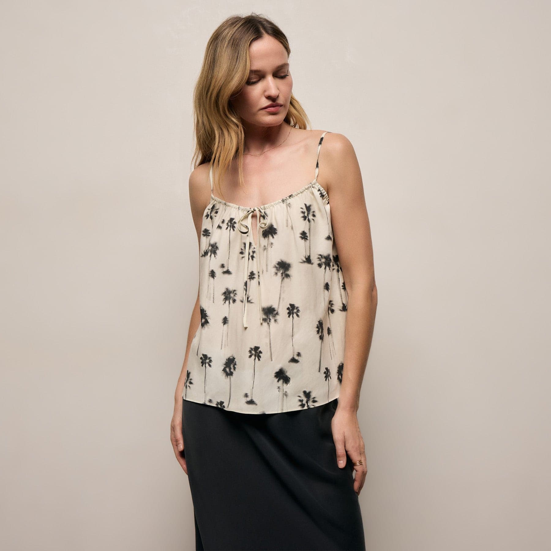 Printed Washed Silk Strappy Cami - Allover Palm Print