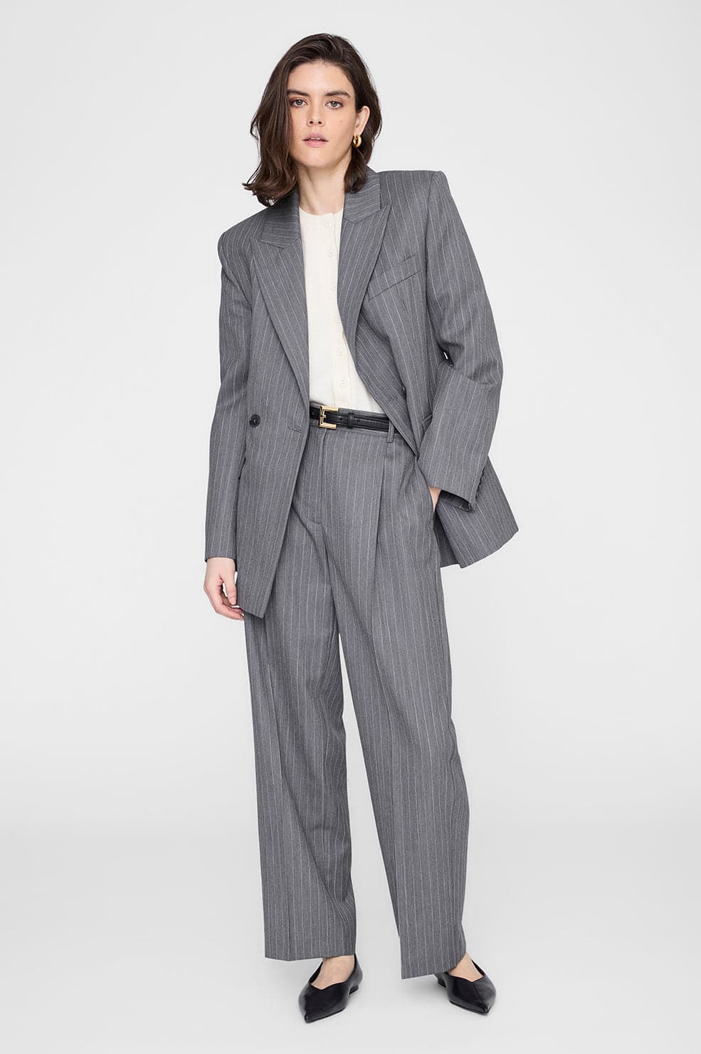 Trent Cropped Trouser - Light Grey Pinstripe