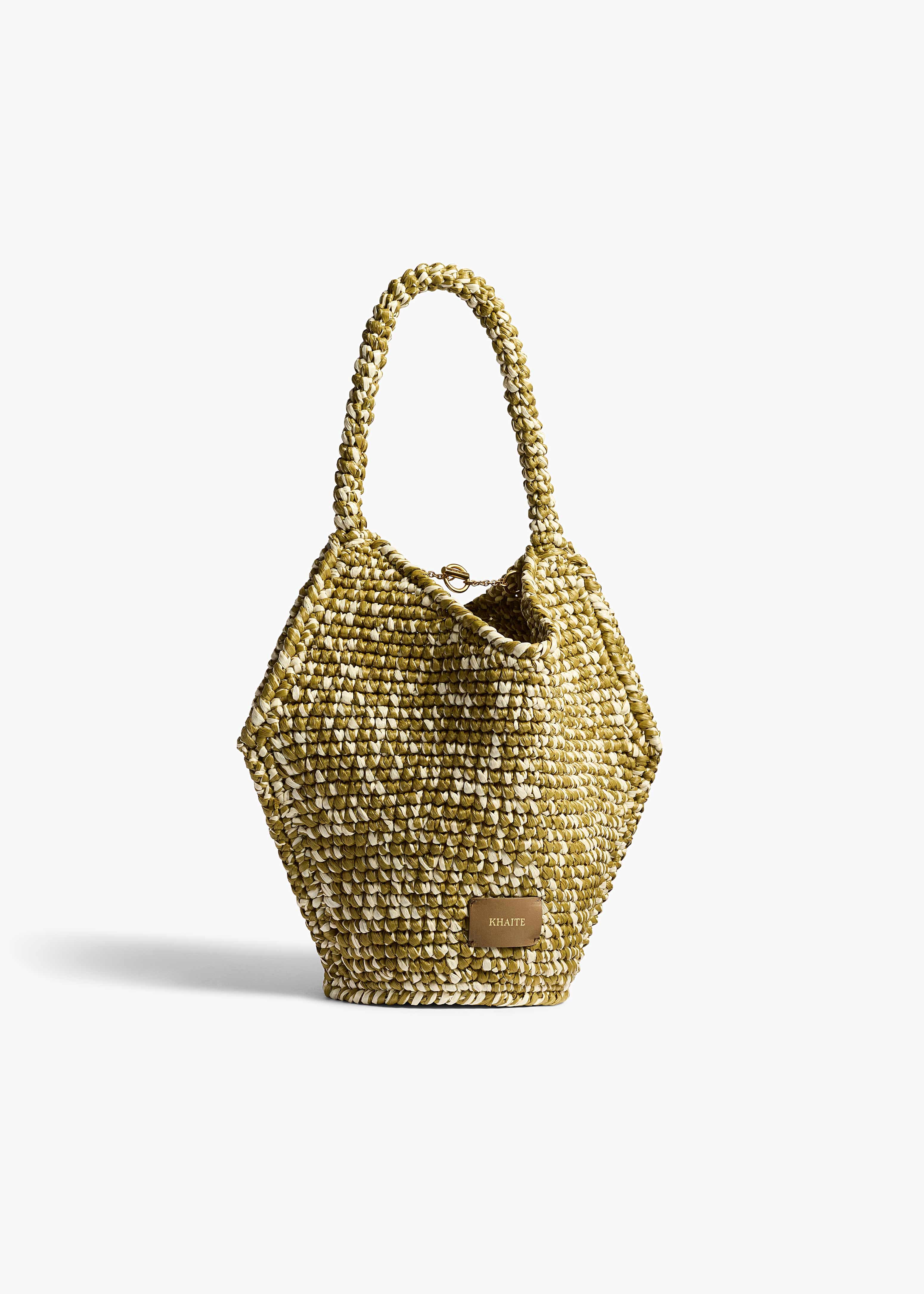 Mini Lotus Tote in Olive and White Raffia