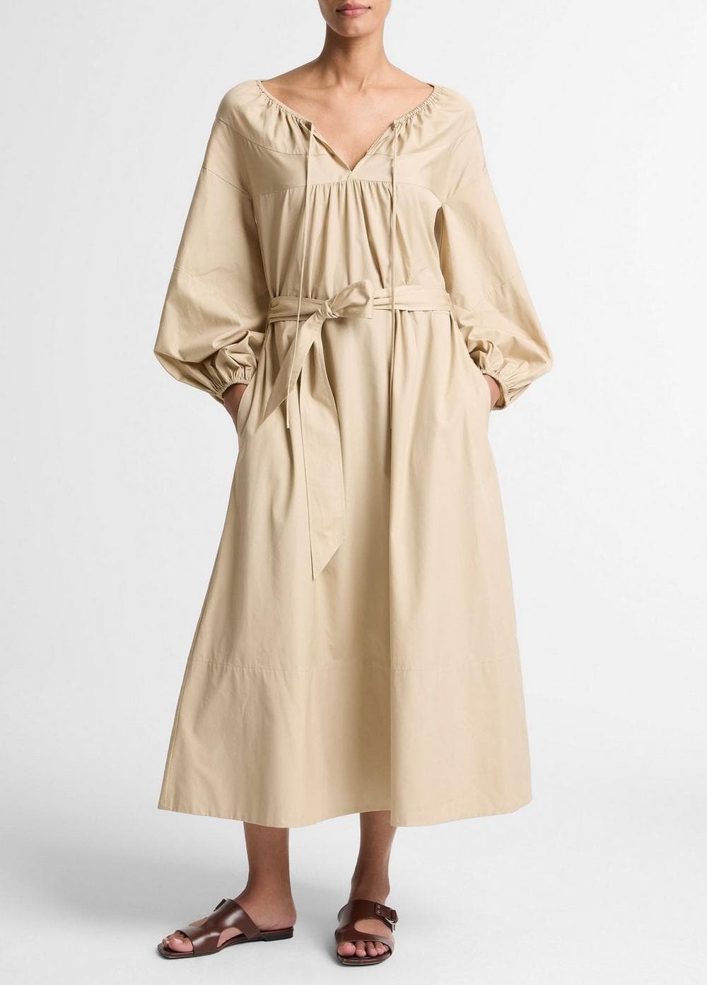Shirred Cotton Belted Tie-Neck Dress