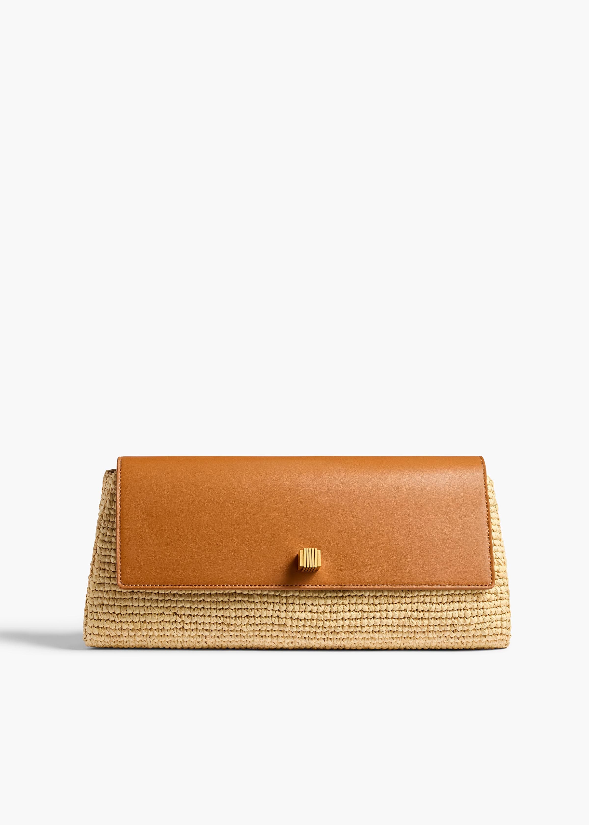 Audrey Clutch in Tan Leather and Natural Raffia