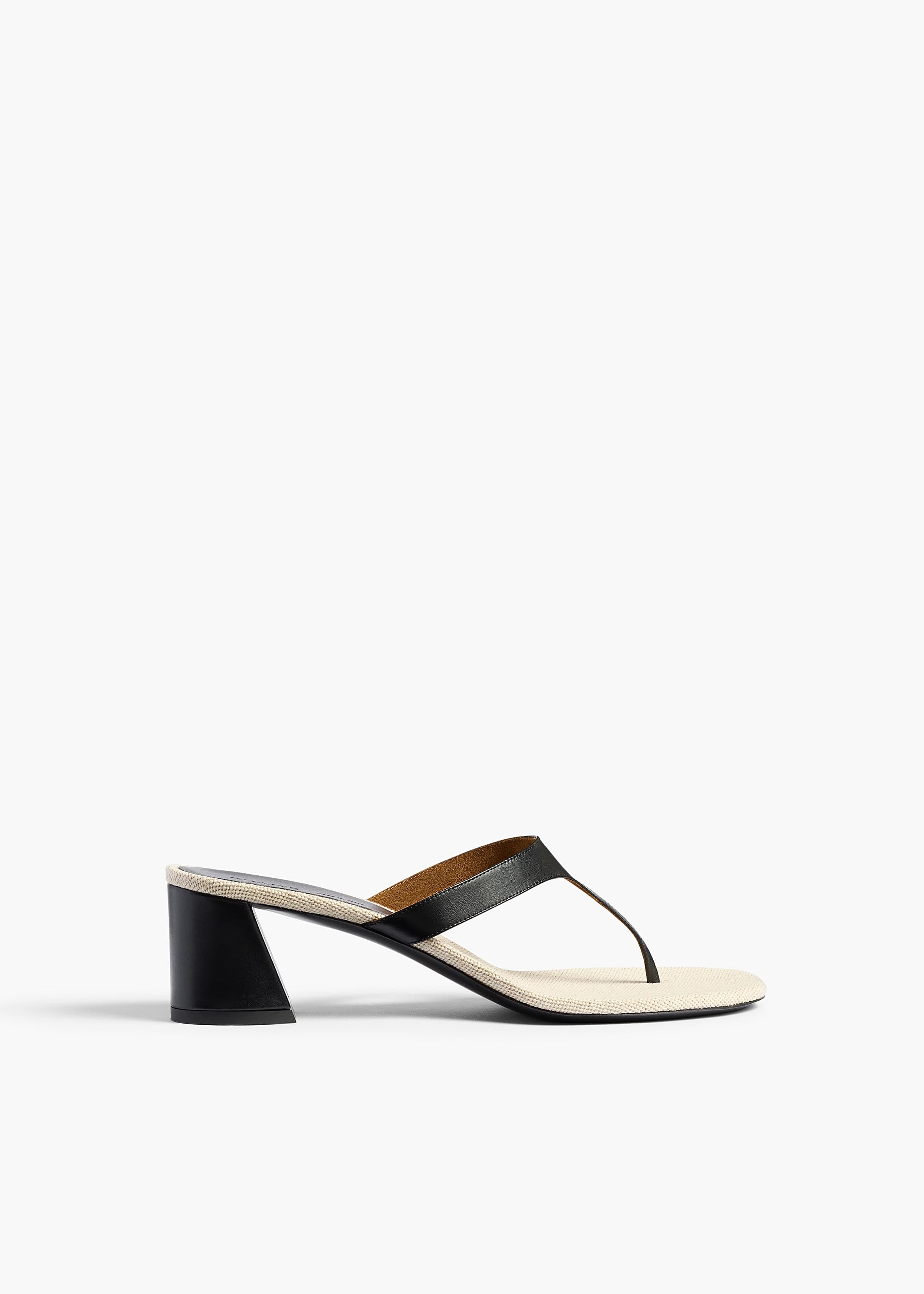 Archer Sandal in Black Leather and Natural Canvas