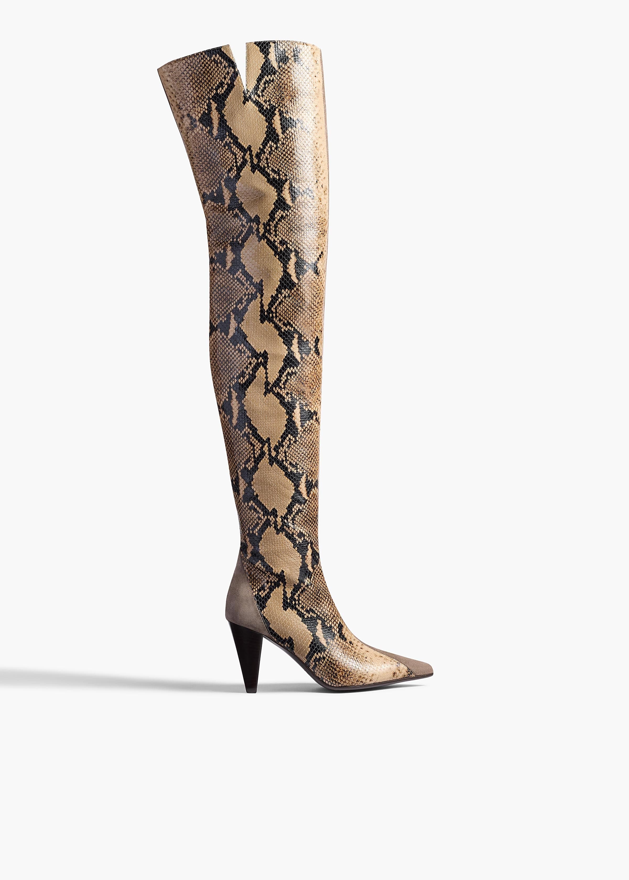 Harvey Over-the-Knee High Boot in Morning Dove Suede and Taupe Python-Embossed Leather