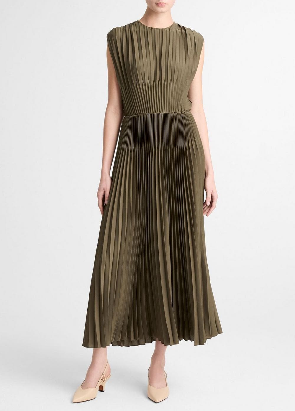 Chevron-Pleated Satin Dress