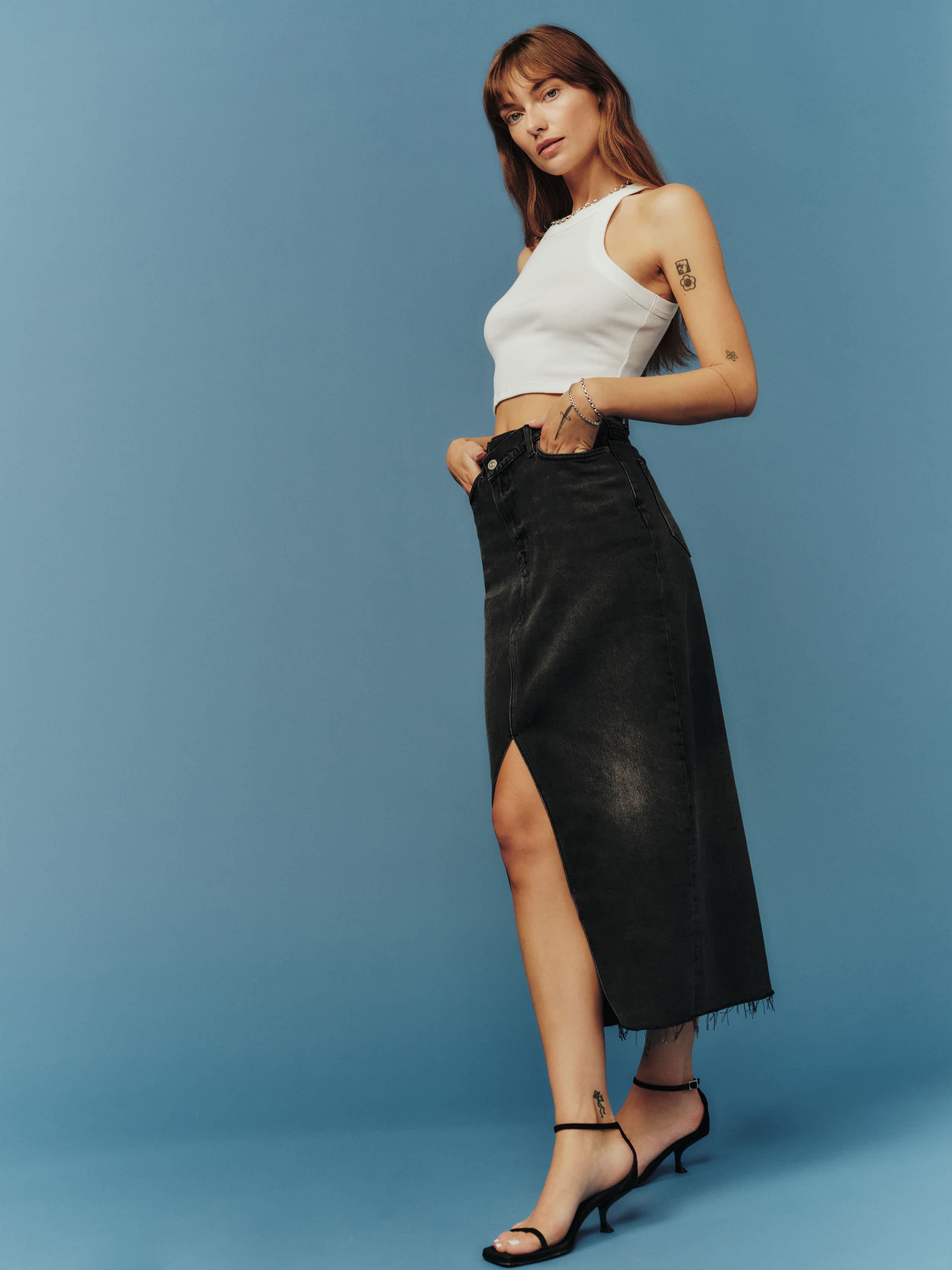 Reformation Nila Long Denim Skirt Black 23