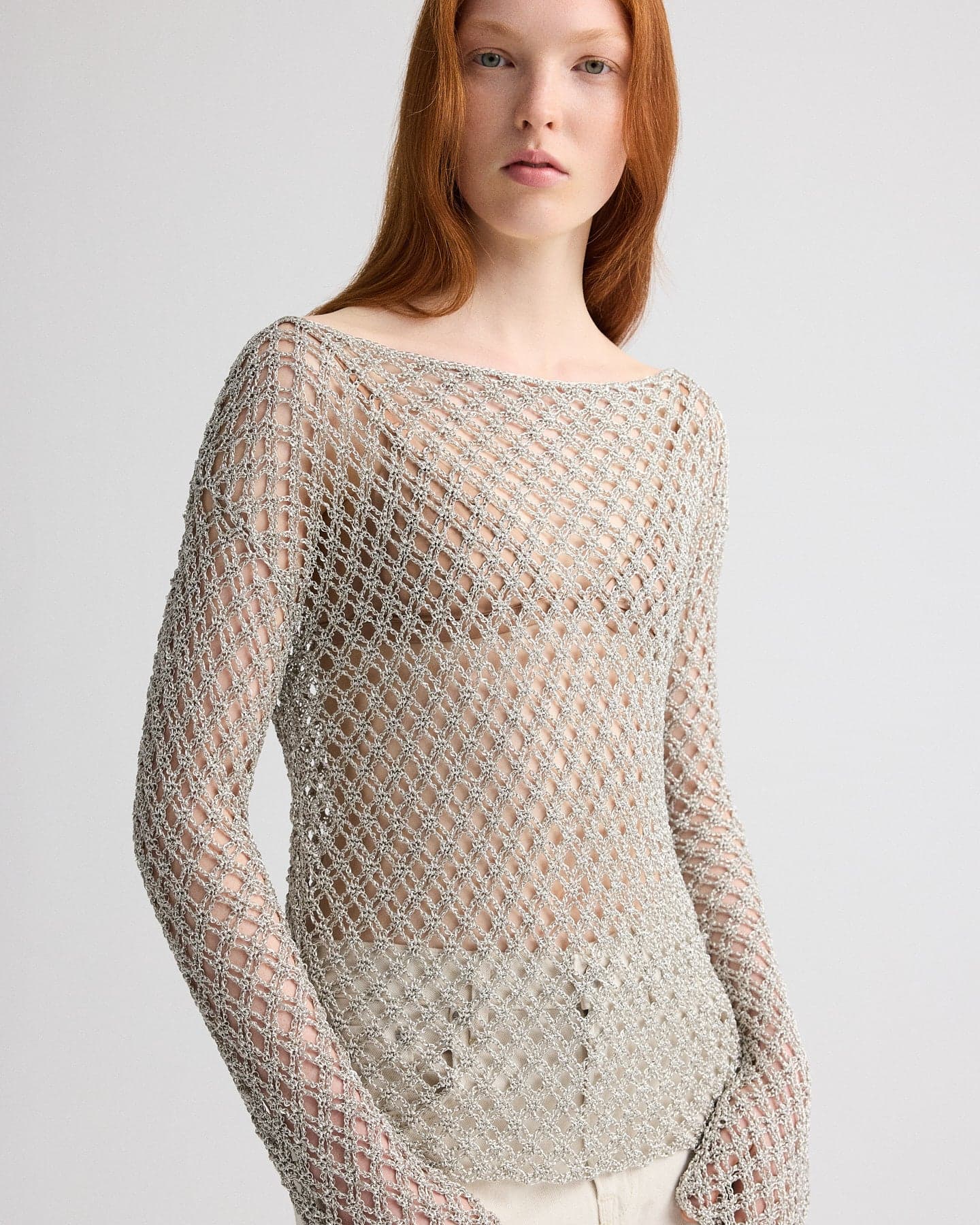 Hand Crochet Slash Neck Top in Metallic Yarn