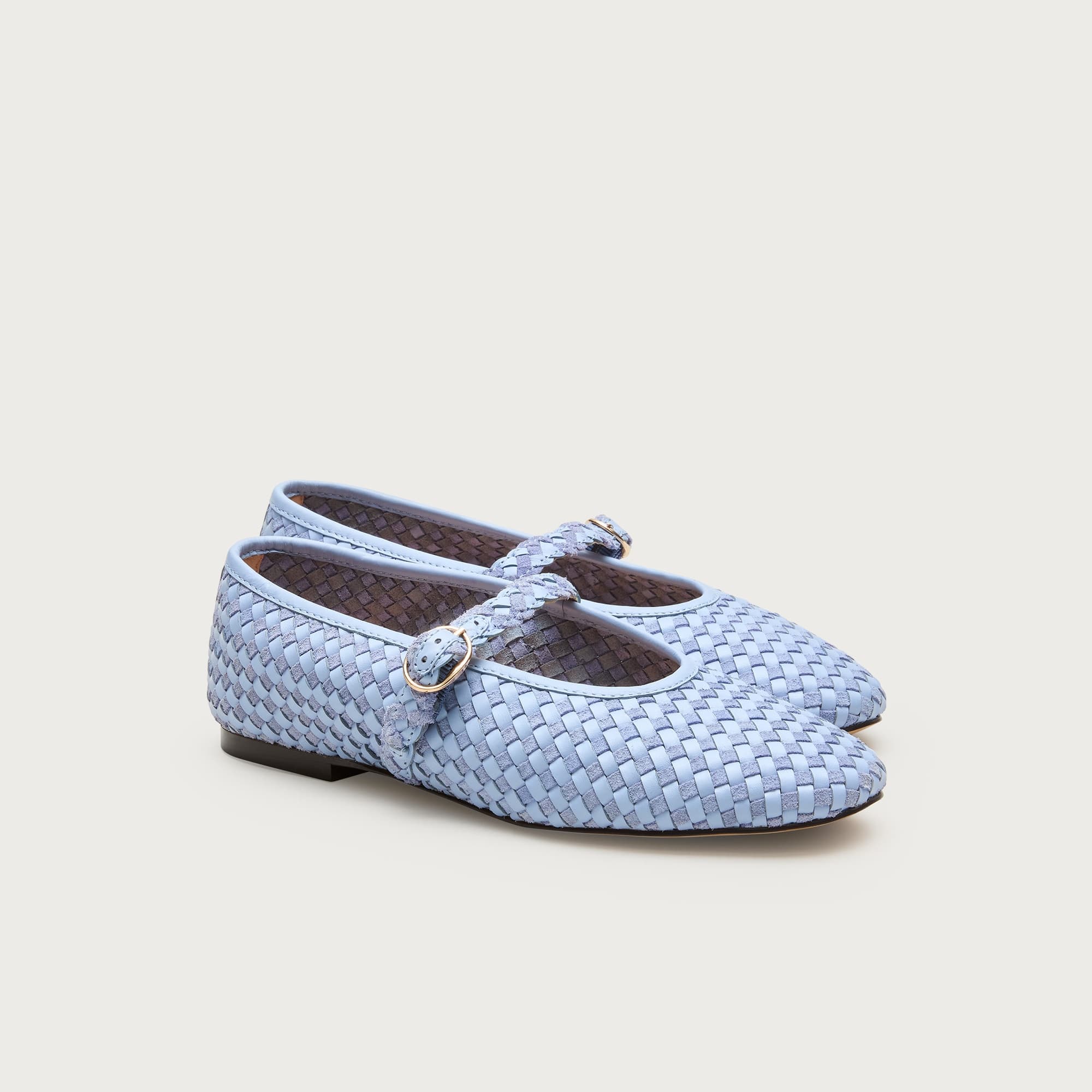 Mary Jane ballet flats in woven leather and suede