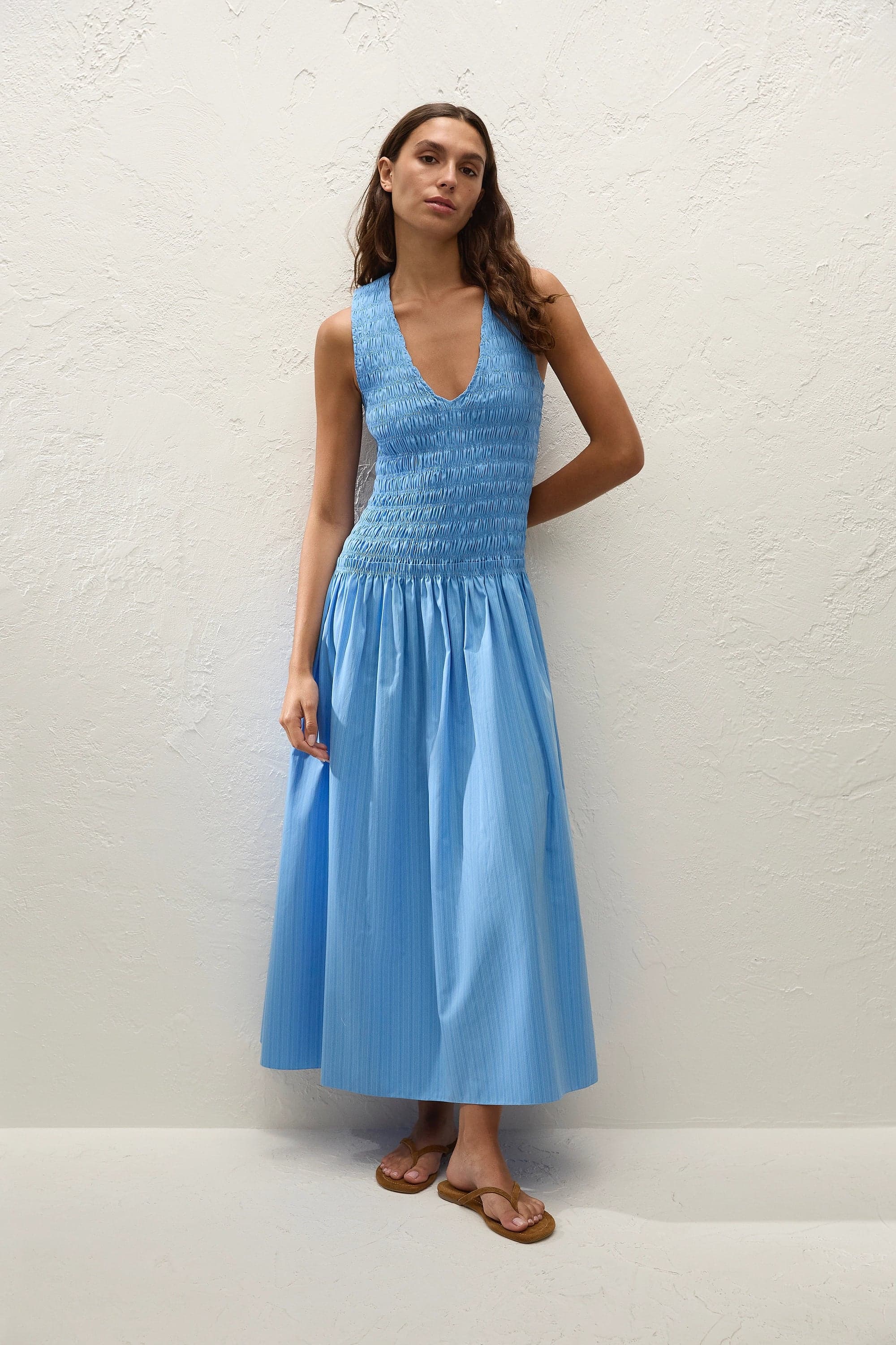 Palomar Midi Dress Mico Pinstripe Azul