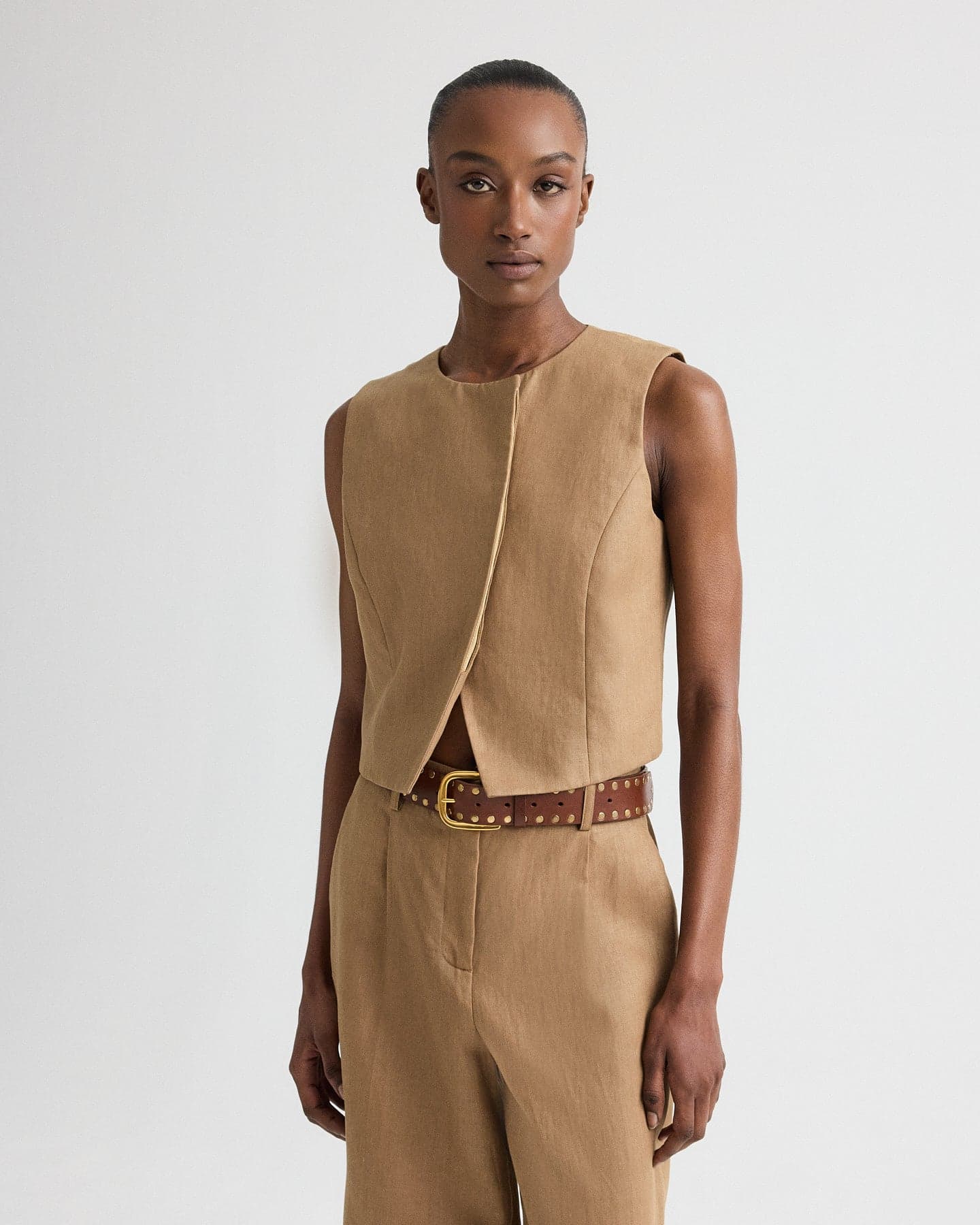 High Neck Hidden Placket Vest in Chintzed Linen