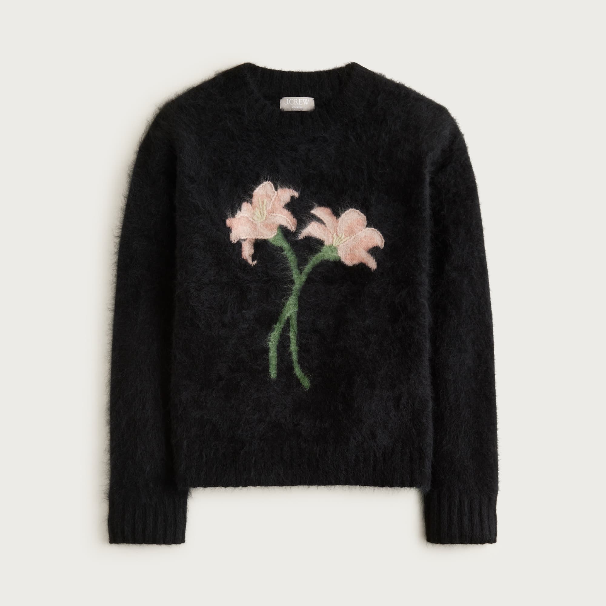Brushed cashmere relaxed crewneck sweater with floral intarsia