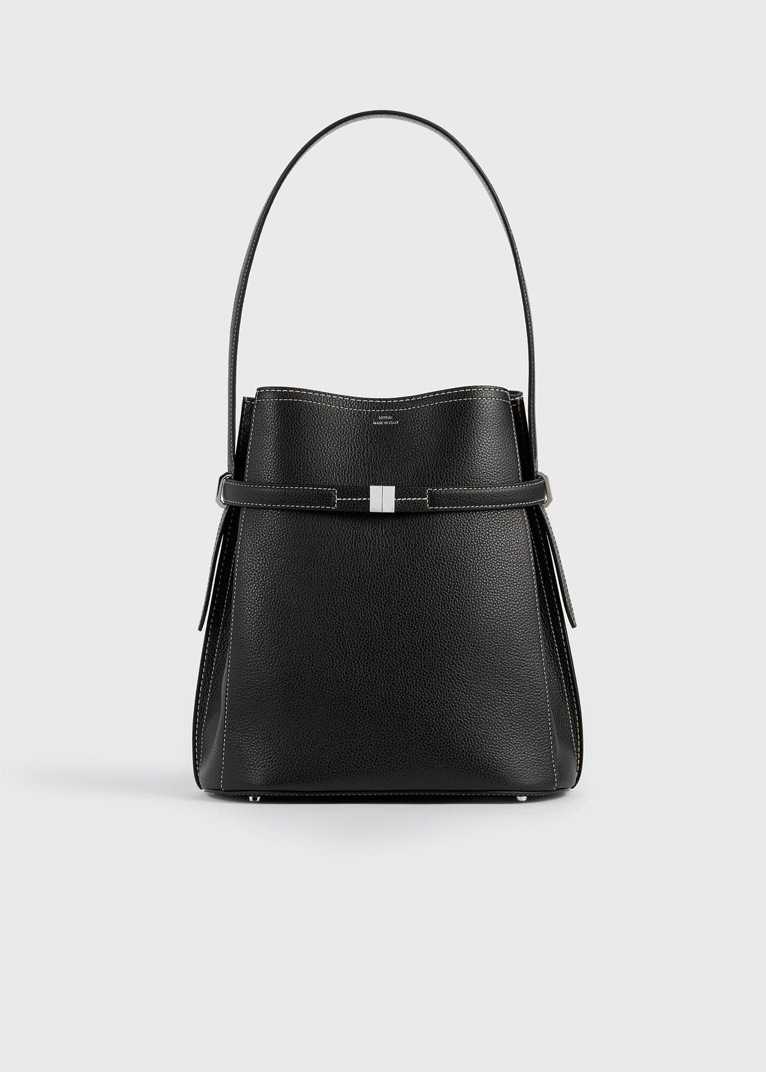 Belted grained-leather bucket bag black