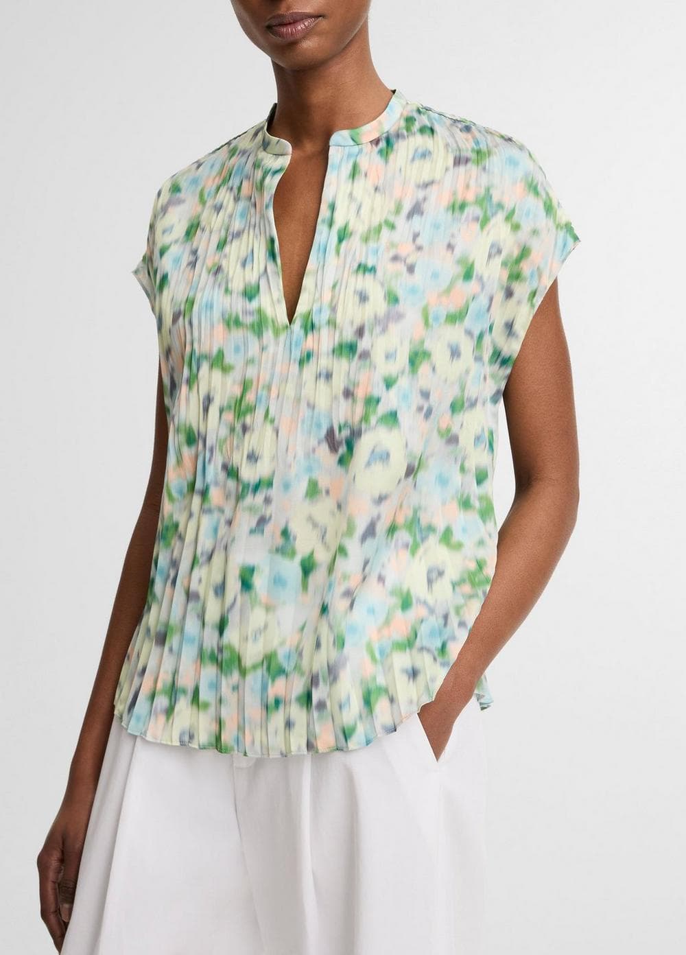 Painted Garden Pleated Cap-Sleeve Top