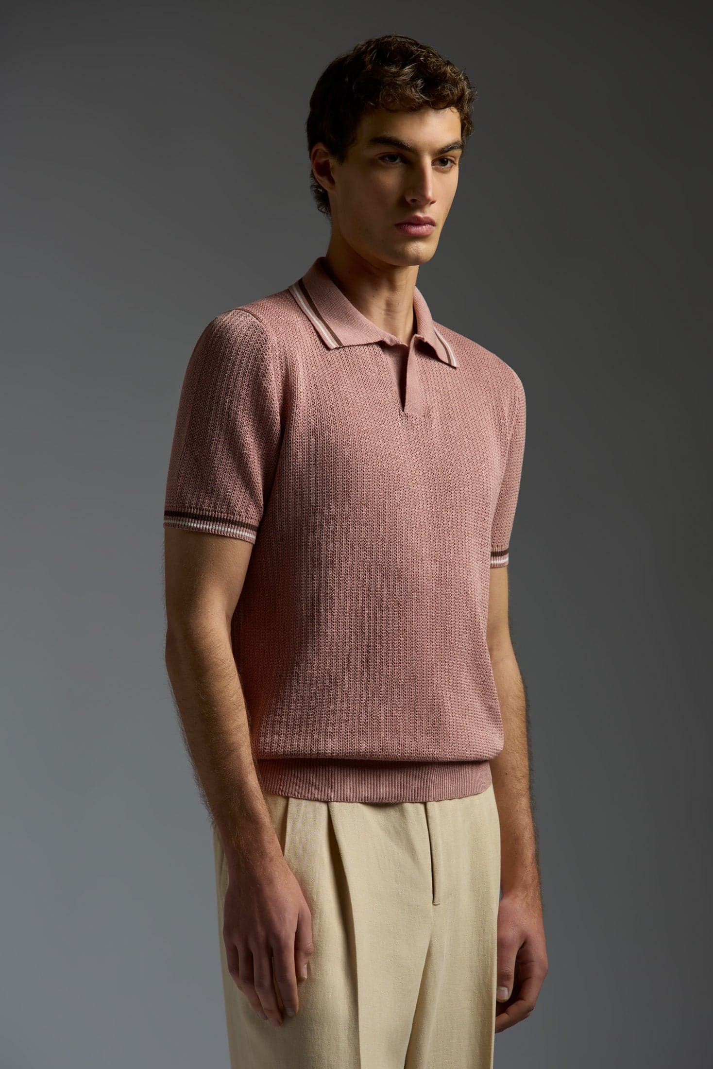 Silk and Linen Open Collar Short Sleeve Polo