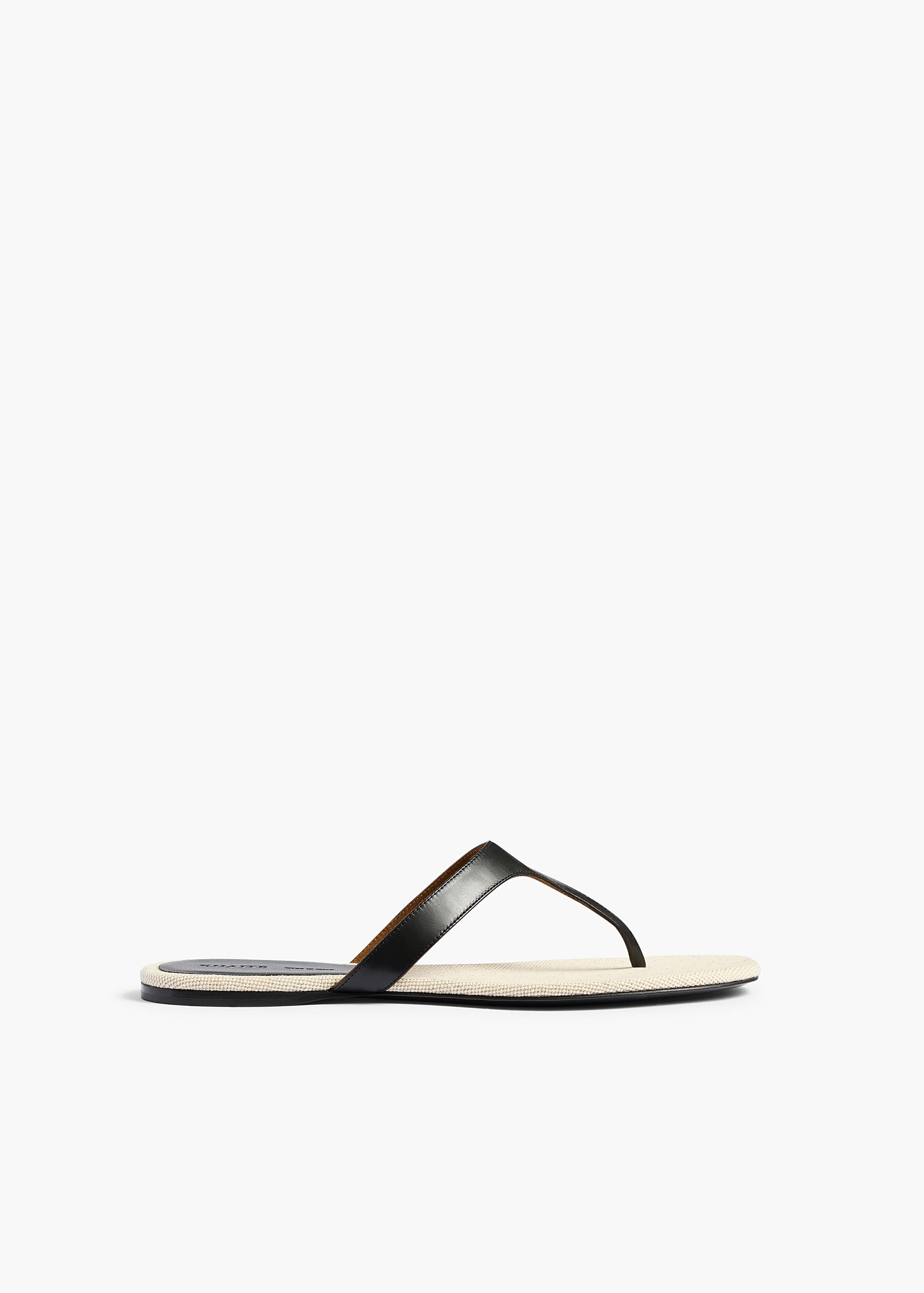 Archer Flat Sandal in Black Leather and Natural Canvas