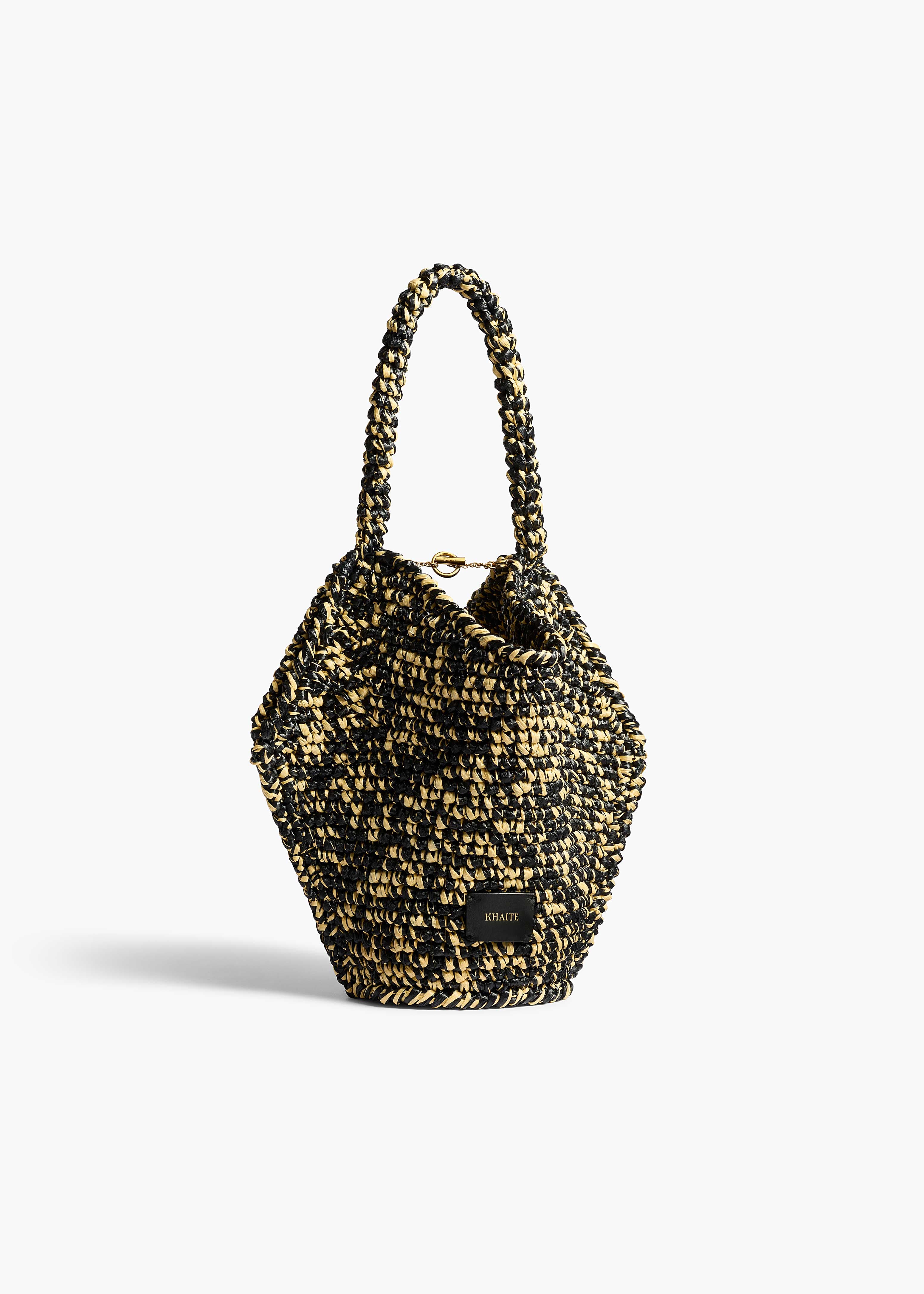 Mini Lotus Tote in Black and White Raffia