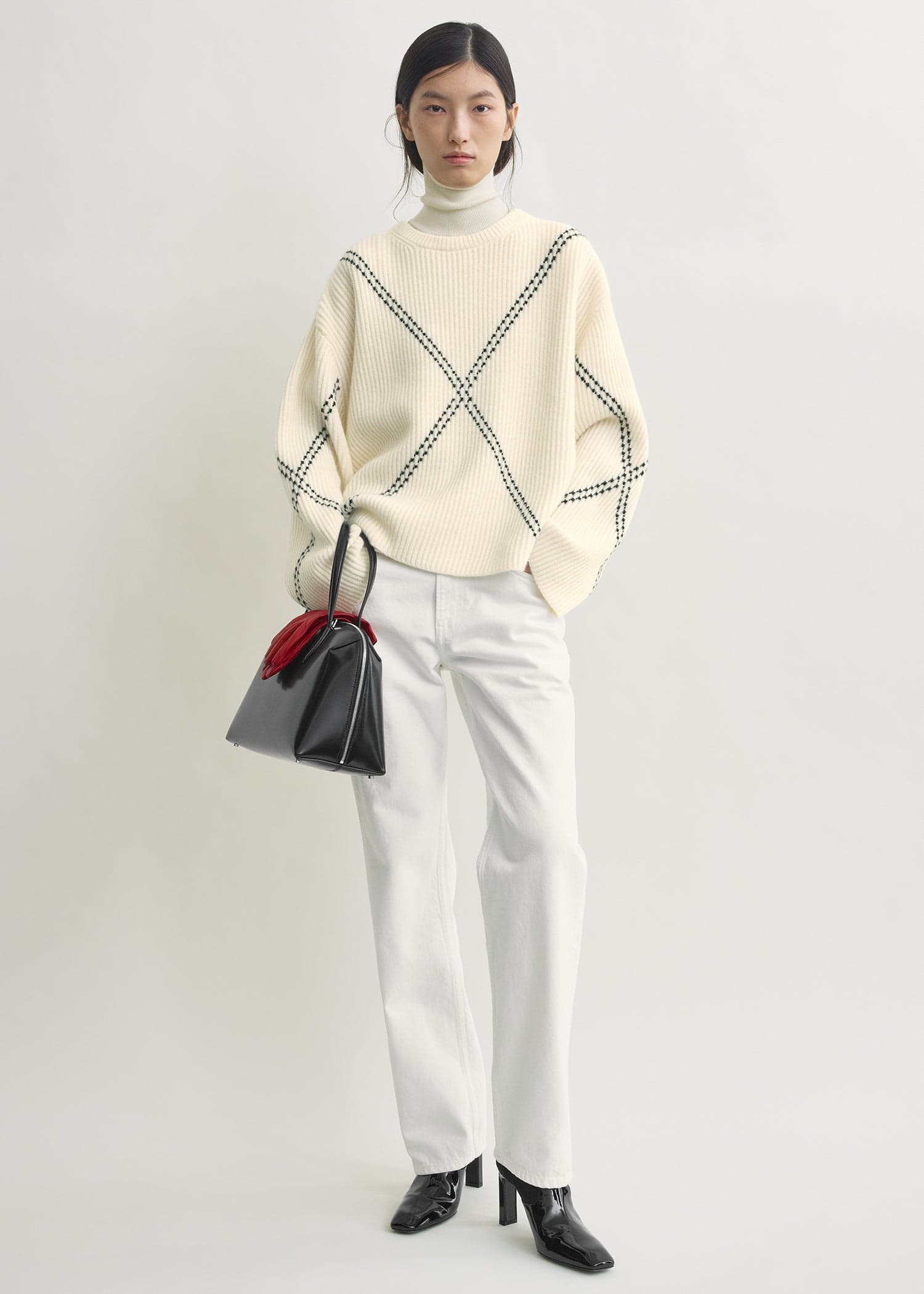 Argyle-stitch cashmere sweater ecru/black