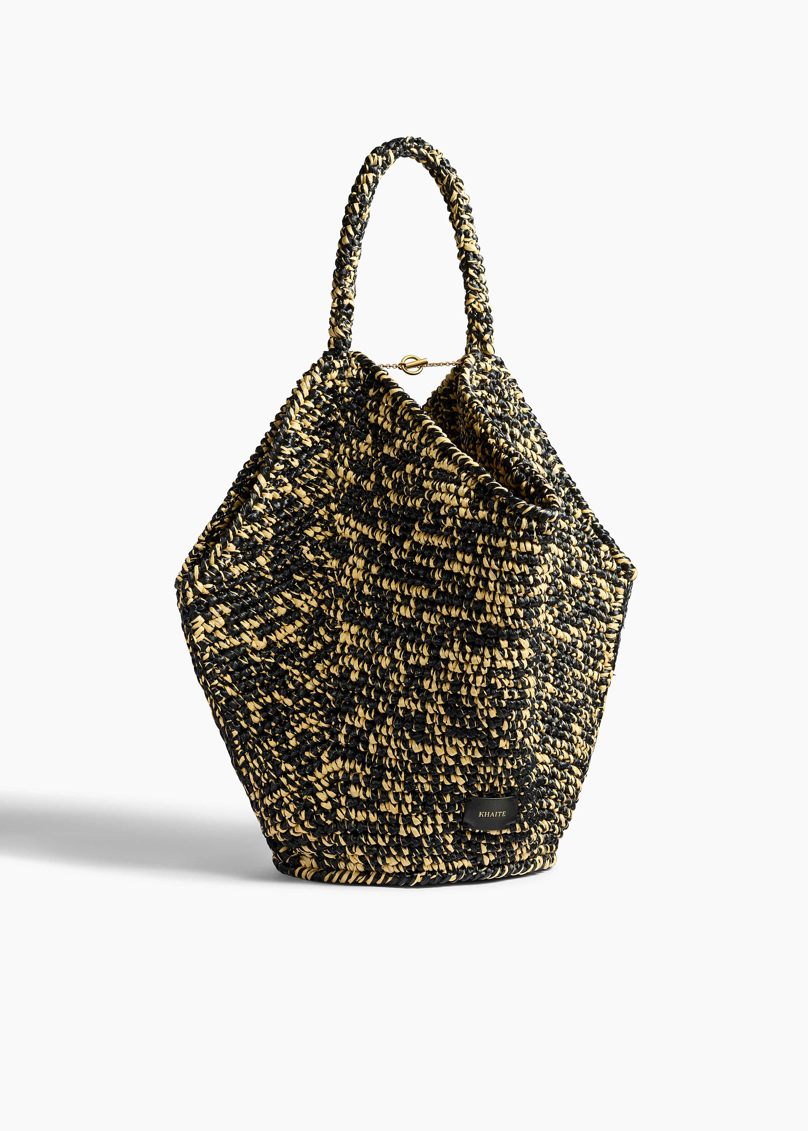 Medium Lotus Tote in Black and White Raffia