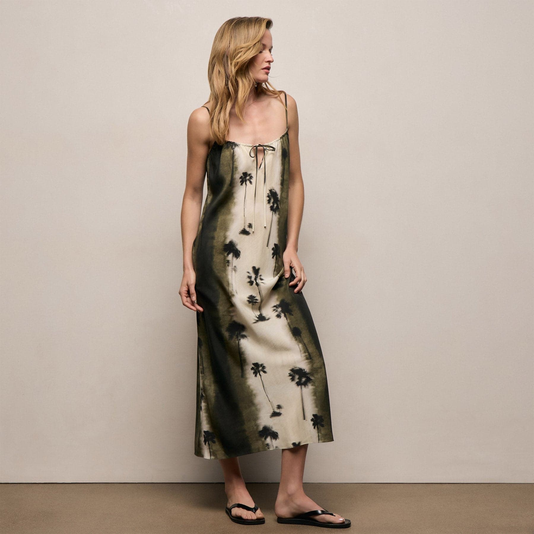 Printed Washed Silk Strappy Cami Dress - Ombre Palm Print