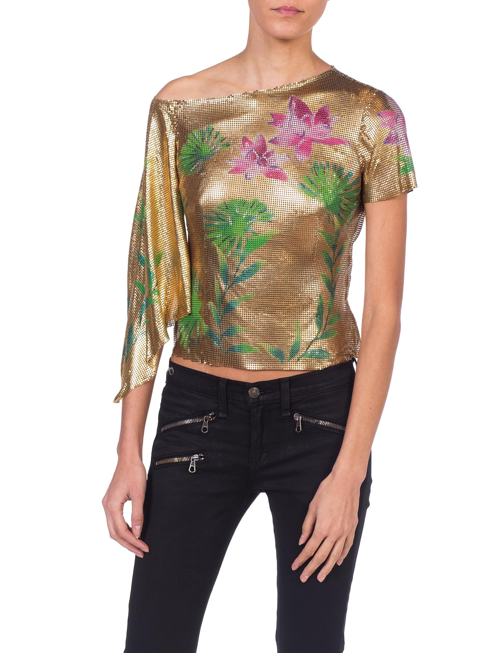 2000S GIANNI VERSACE Jlo Collection Tropical Gold Metal Mesh One Sleeve Top