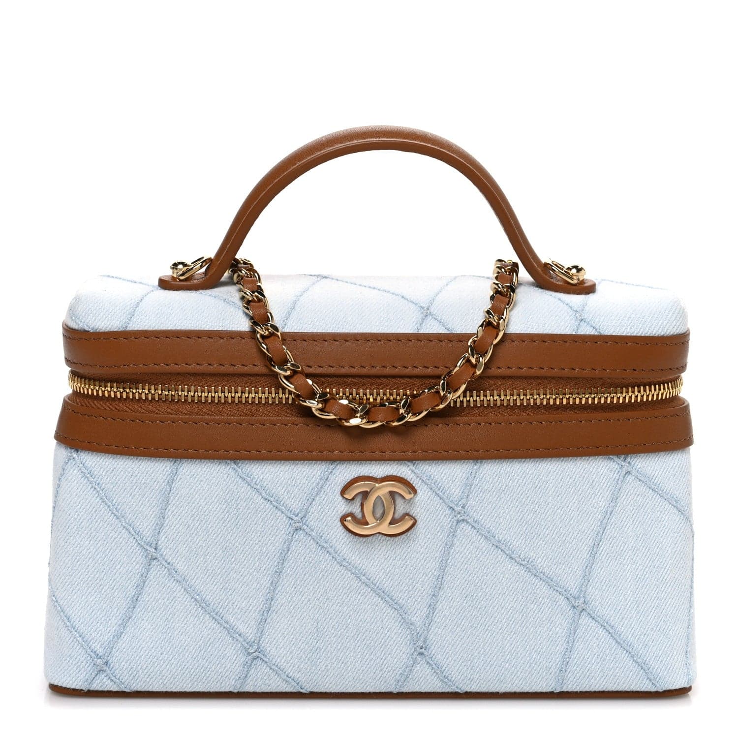 Chanel Washed Denim Calfskin Quilted Top Handle Slim Vanity Case With Chain Blue Brown 1879975 - FASHIONPHILE