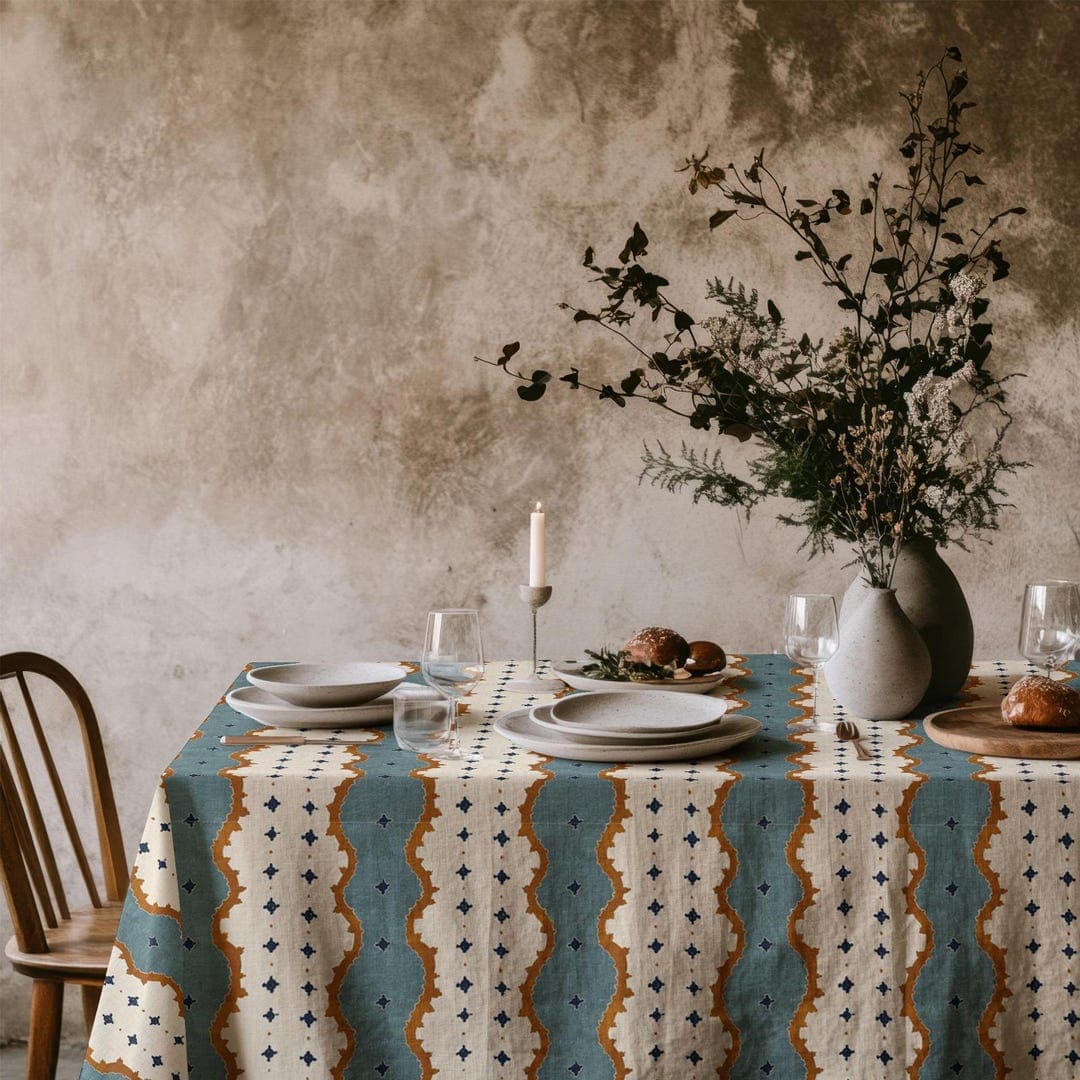 Teal Rustic Stripe Tablecloth, Vintage Geometric Pattern Table Cover, Cottagecore Farmhouse Dining Decor, Custom Size Table Linen