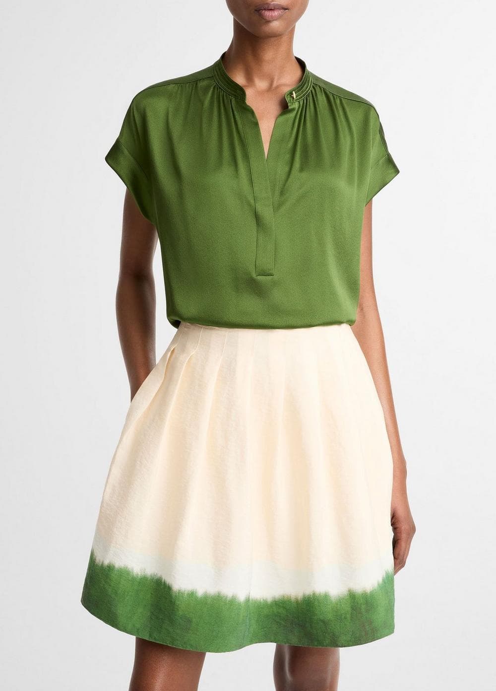 Silk Gathered Cap-Sleeve Blouse