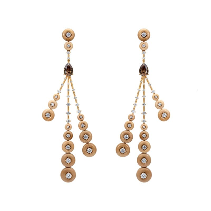 Gold, Petrified Wood, Brown Diamond and Diamond Rocket Earrings