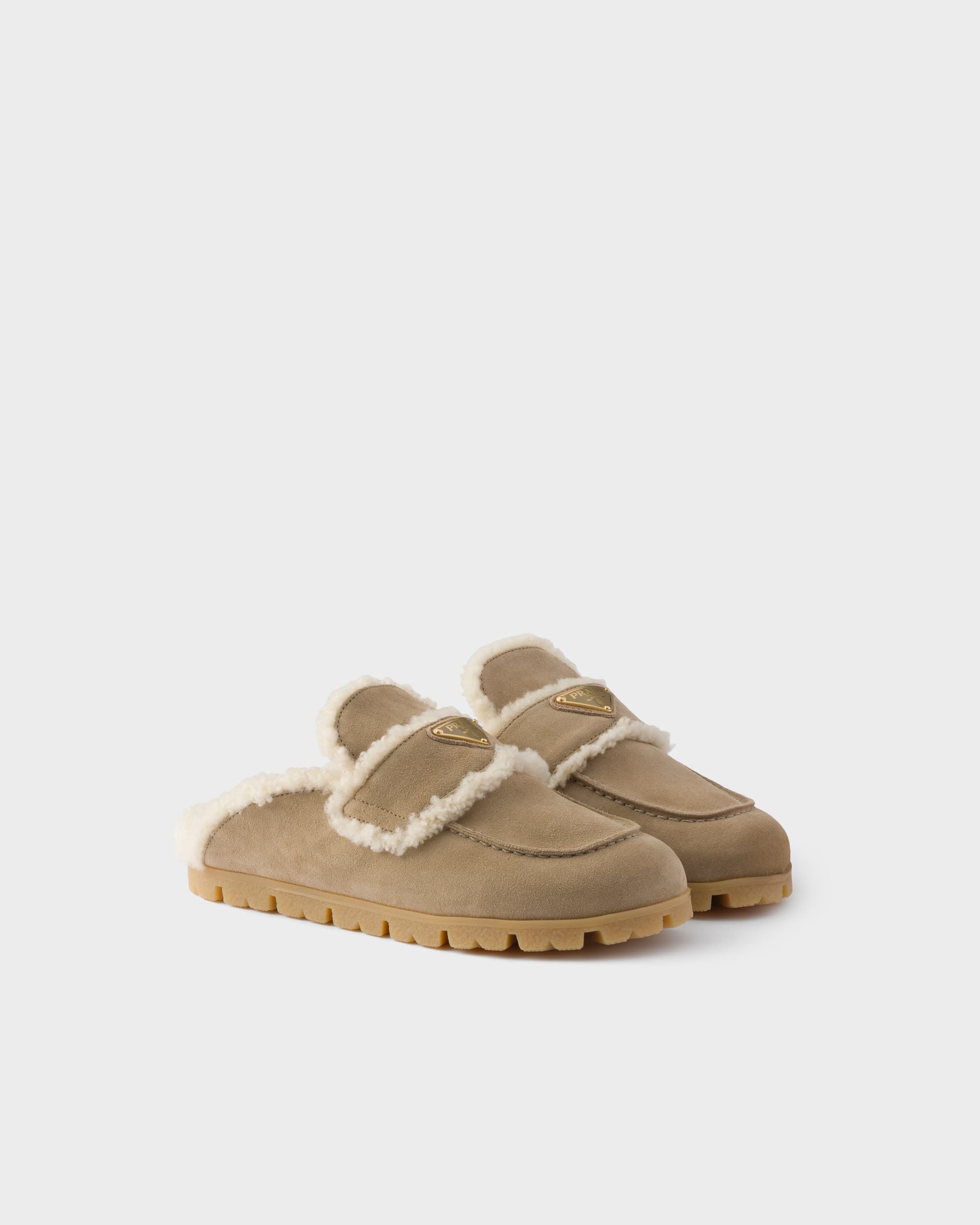 Desert Beige Suede And Shearling Mules | PRADA - United States