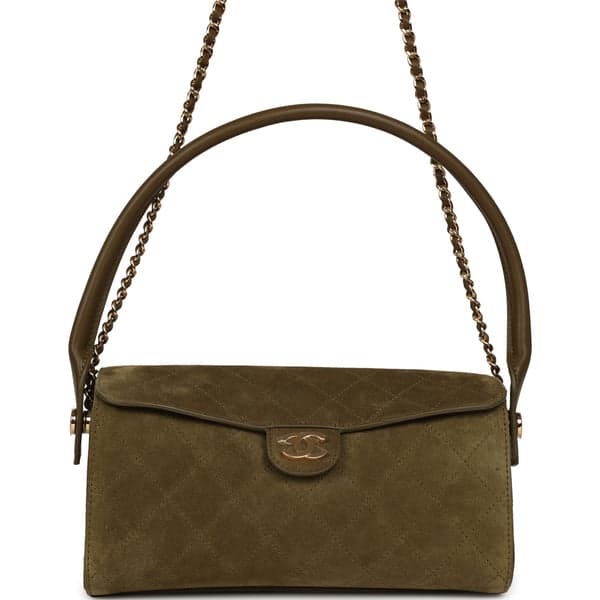 Barrel Clutch Bag with Chain Dark Khaki Suede and Calfskin Gold Hardware