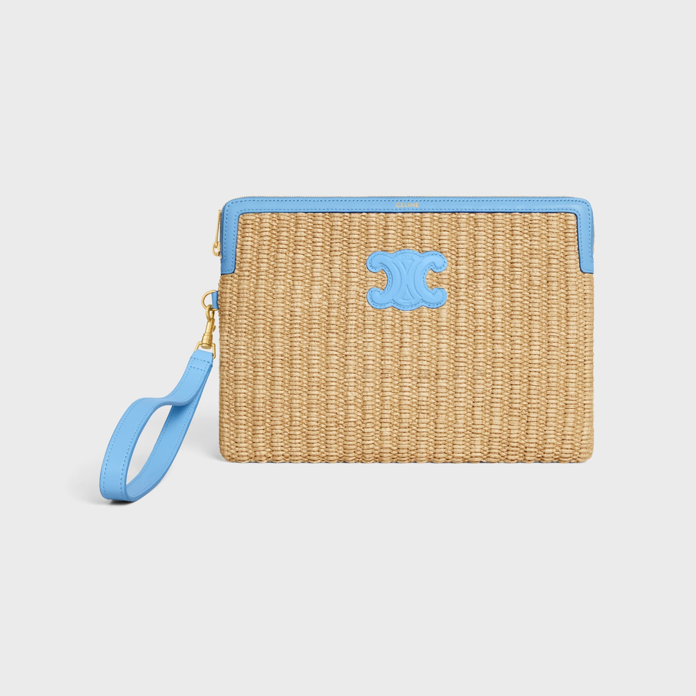 SMALL POUCH WITH STRAP IN RAFFIA EFFECT TEXTILE AND CALFSKIN - SKY BLUE | CELINE