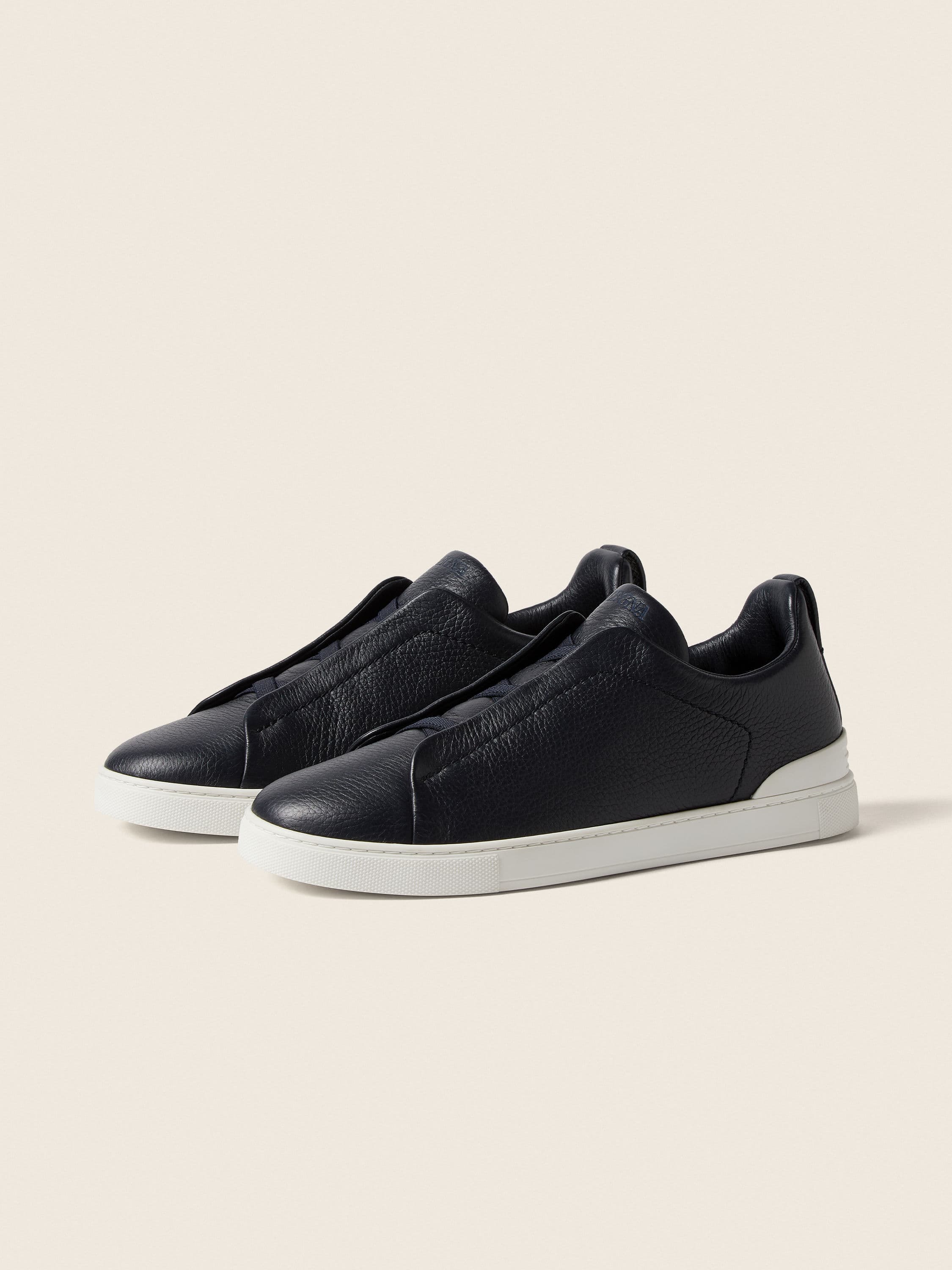 Navy Blue Deerskin Triple Stitch Sneakers
