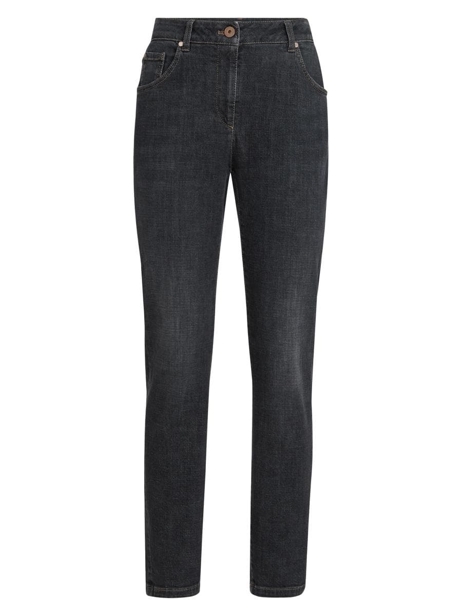 Brunello Cucinelli Stretch Denim Slim Five Pocket Trousers with Shiny Leather Tab