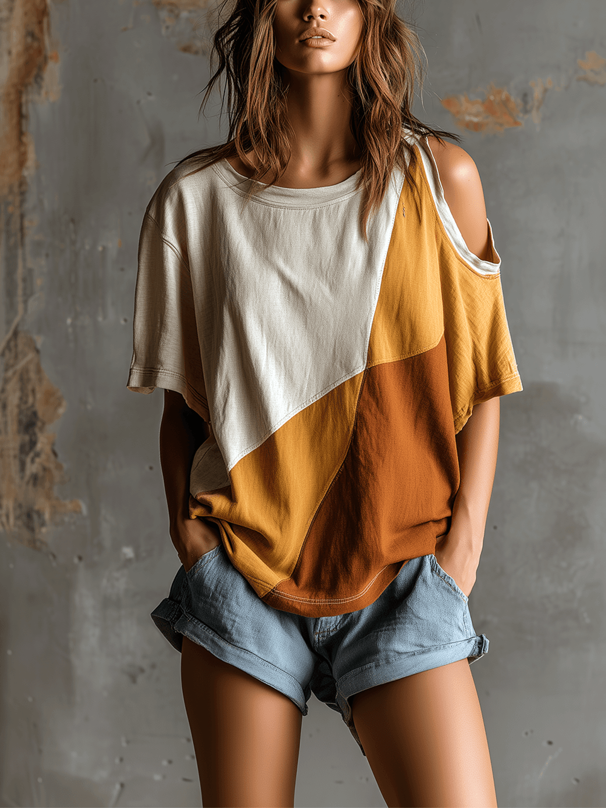 ElevenOra Chic Casual White-Camel Colorblock Round-Neck Cutout Shoulder Short-Sleeve Oversize Cotton Blend T-Shirt Top